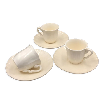 Lot 3 cups and saucers white earthenware cream sarreguemines