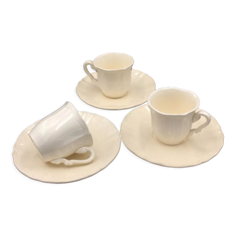 Lot 3 tasses et soucoupes faïence blanche crème sarreguemines