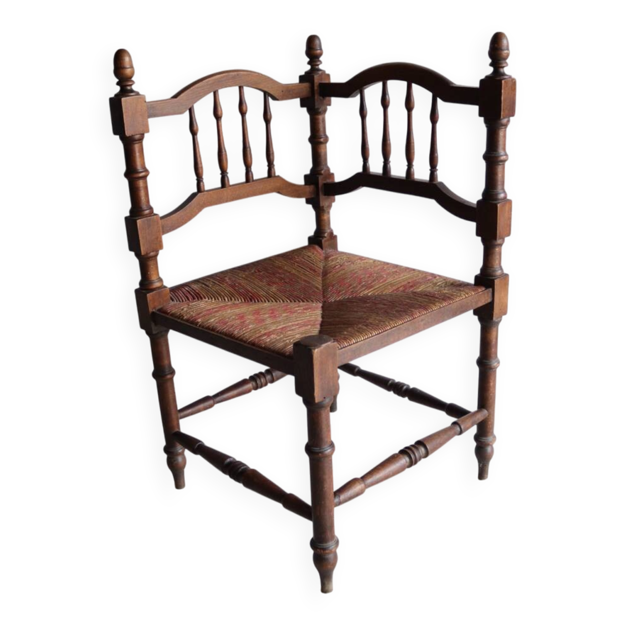 Chaise d’angle ancienne "coin de feux" en bois tourné et paille