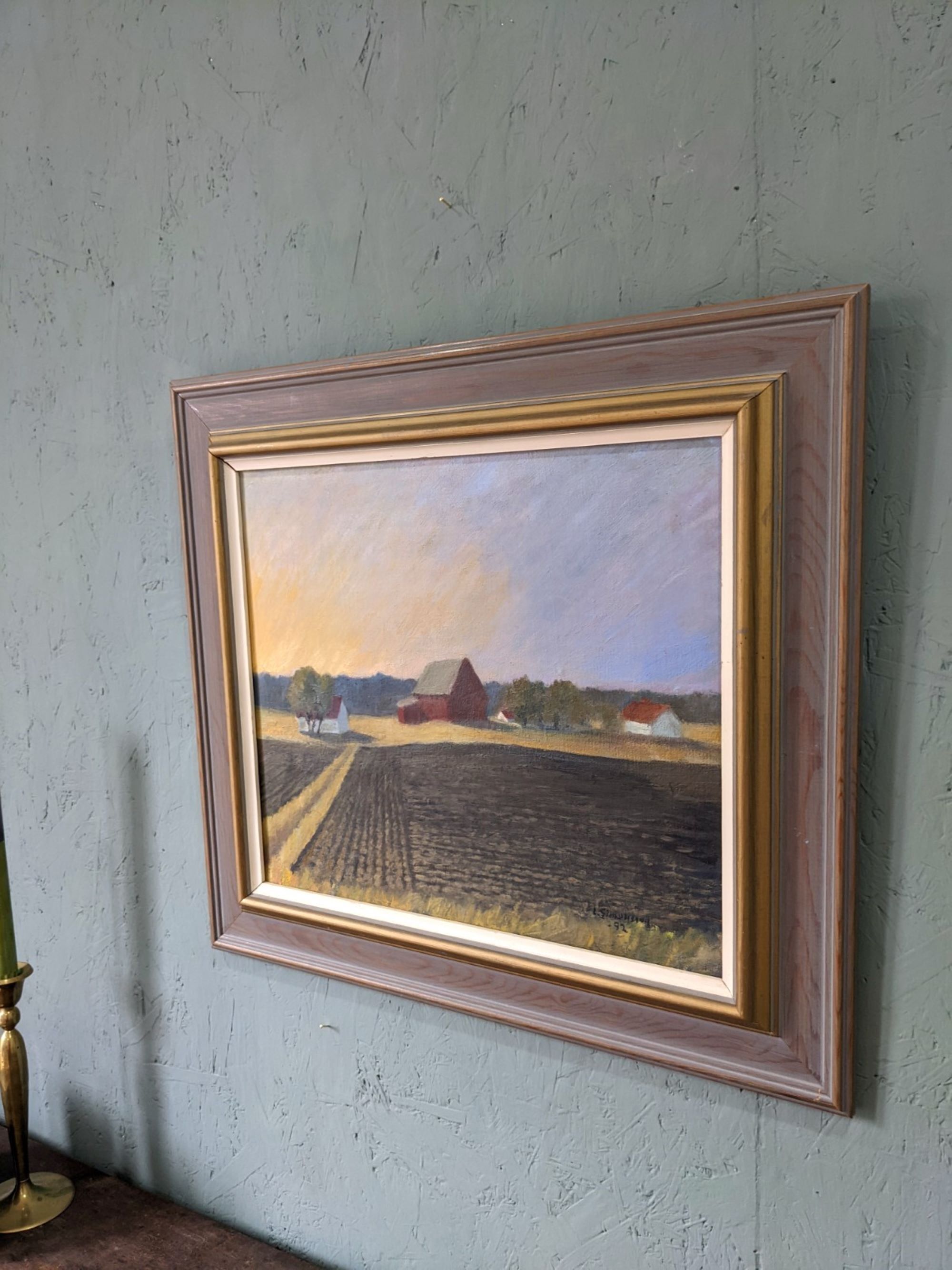 1992 Vintage Modernist Swedish "Sunset Fields" Rural Landscape Oil Painting, Framed