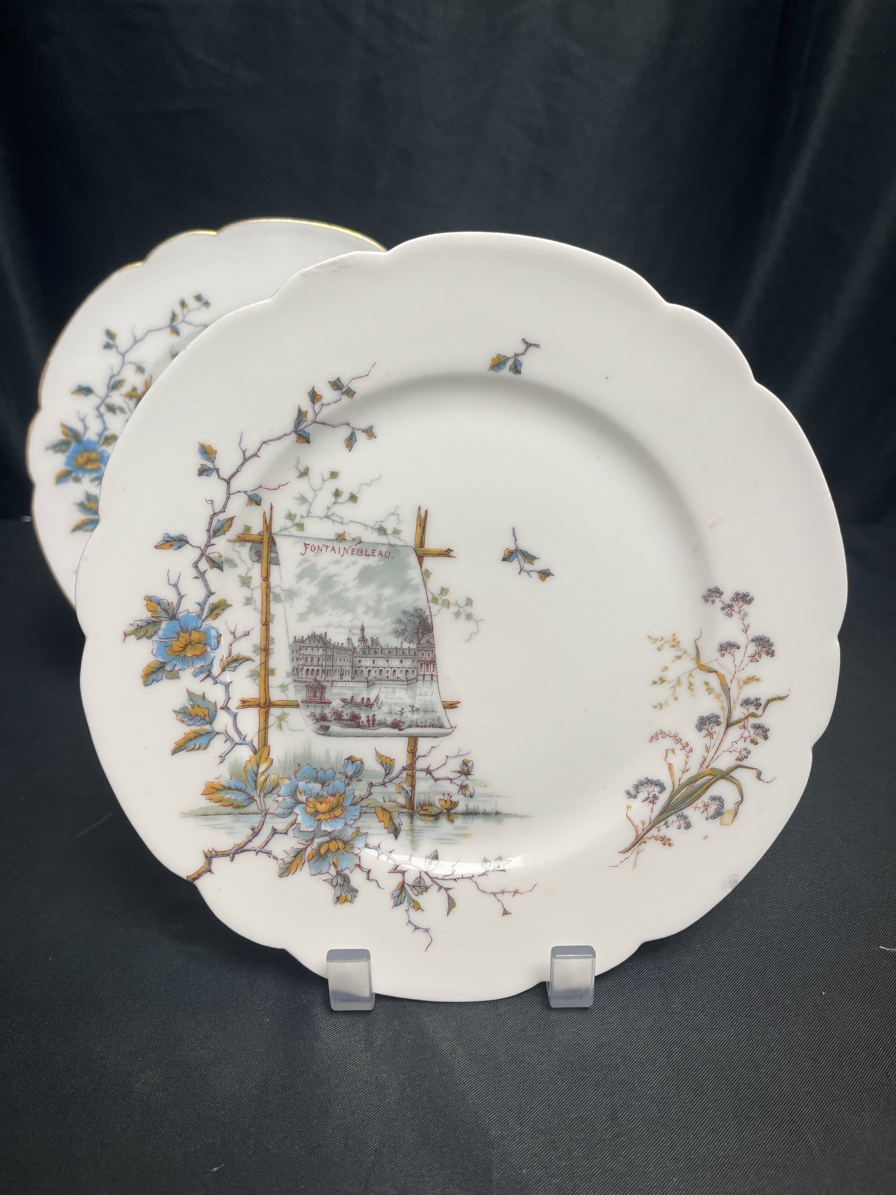 Pair of Hache Jullien plates, fine earthenware, castle decor, early 20th century