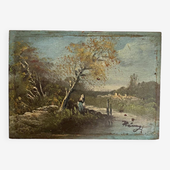 Old French Barbizon countryside painting
