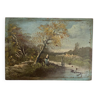 Old French Barbizon countryside painting