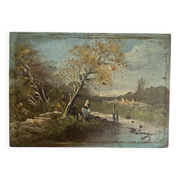 Old French Barbizon countryside painting