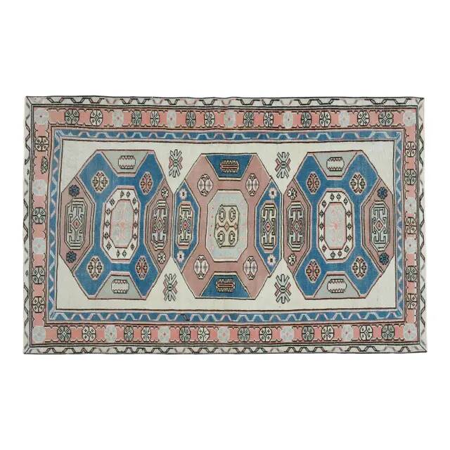 1970s Vintage Turkish Handmade Wool & Cotton Beige Area Rug 115x183