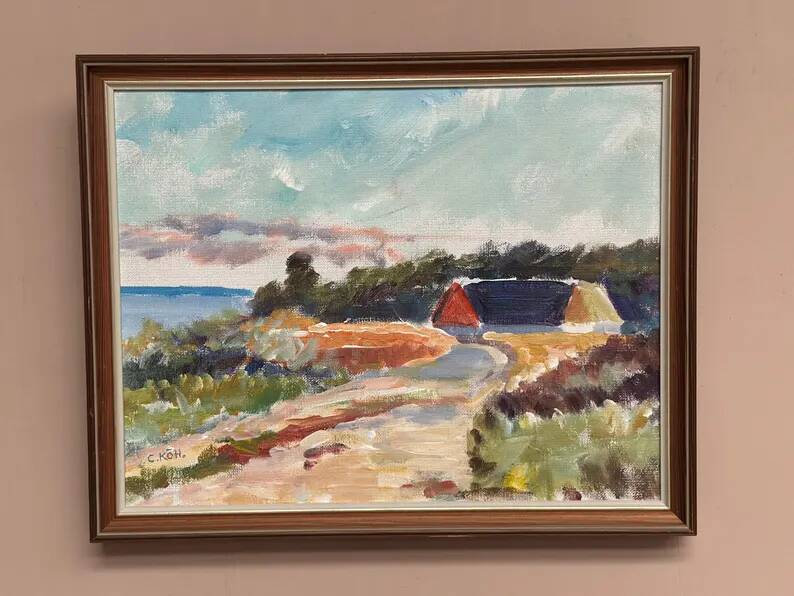 Original Swedish Oil on Canvas - 'Beach House in a Grove' by Carl Köhler - Signed - Vintage and Framed - 38 × 30 cm