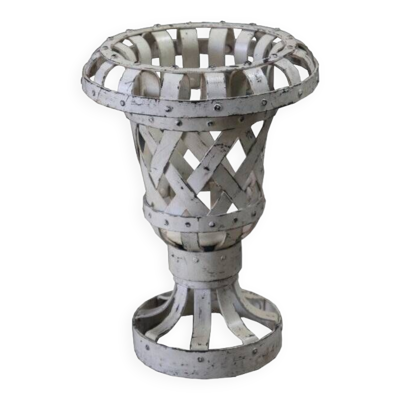 Cache Pot Vase Fleur Ancien Metal Blanc Decoration Jardin Inde 28x38cm 4,6kg