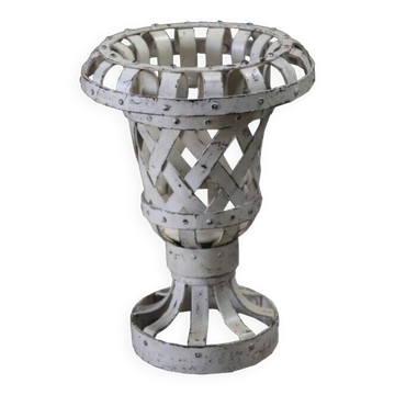 Cache Pot Vase Fleur Ancien Metal Blanc Decoration Jardin Inde 28x38cm 4,6kg