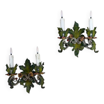 Pair of floral wall sconces in polychrome metal, circa 1900