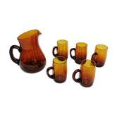 Amber glass decanter and its 5 glasses