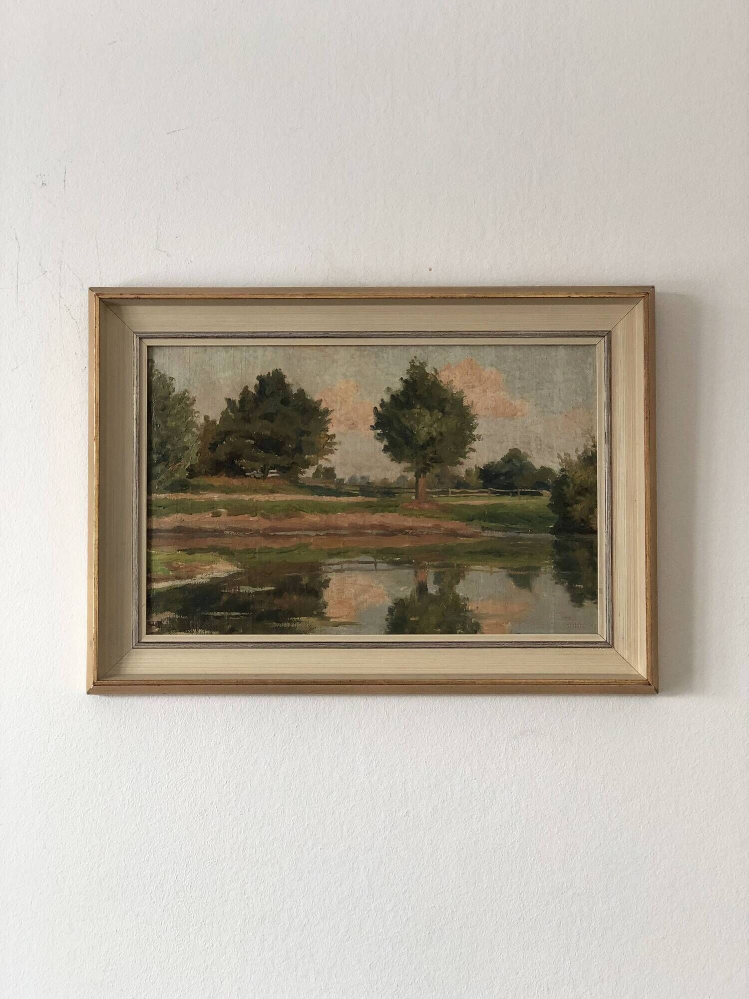 Vintage Original River Landscape Oil Painting: Framed Countryside Art