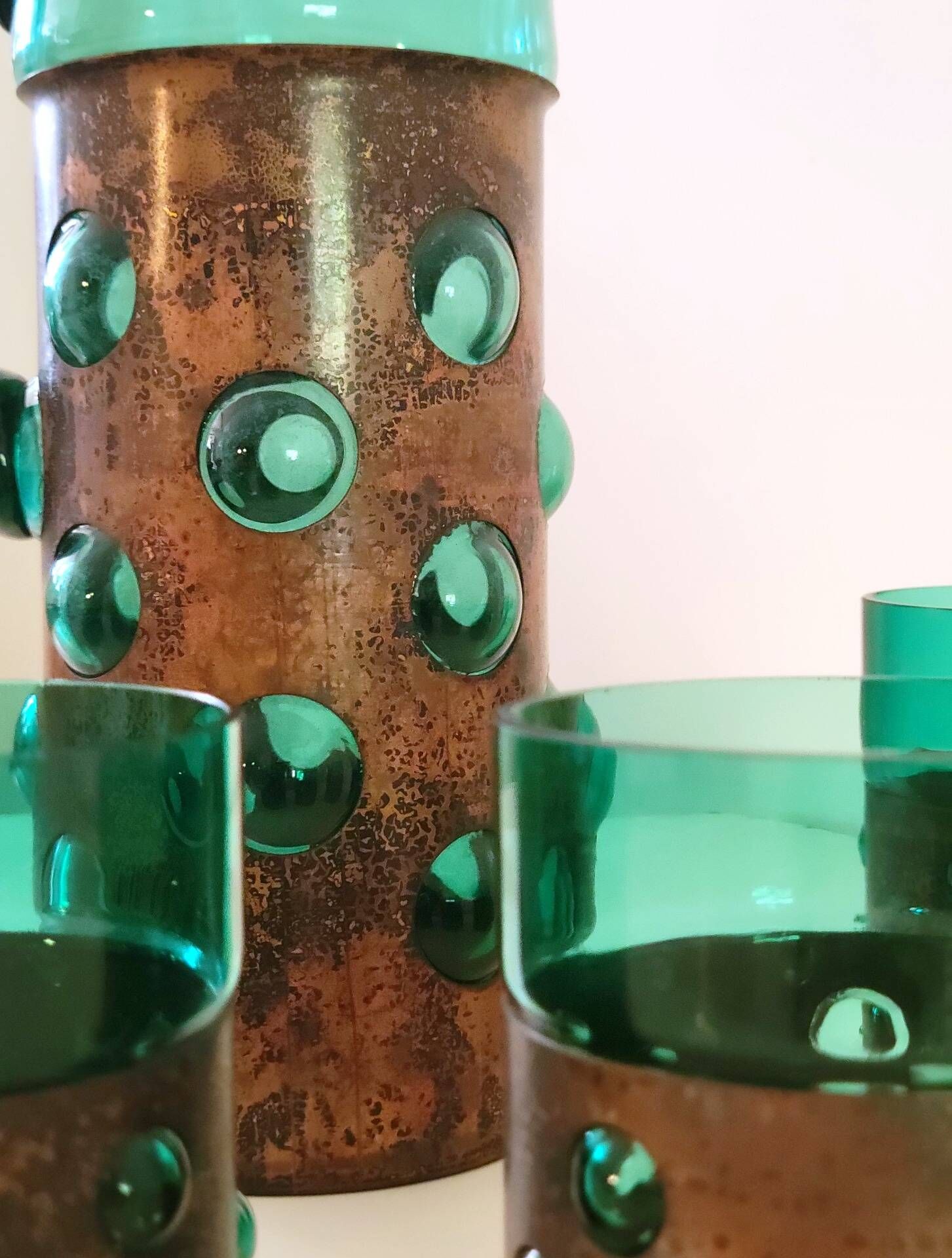 Vintage brutalist drinks set of green glass and patinated copper