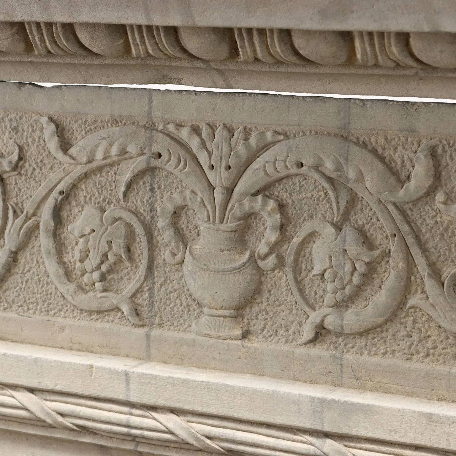 Ancient Renaissance fireplace lintel in pietra serena stone, 15th century.