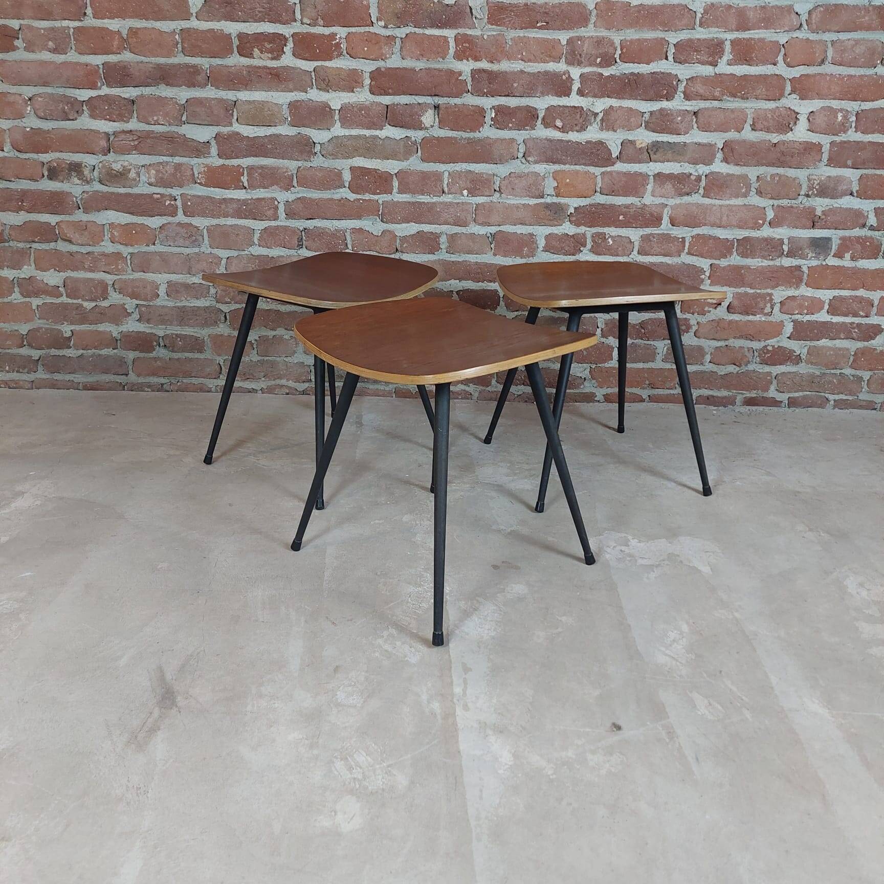 Three stools, teak and steel, Denmark 1950s