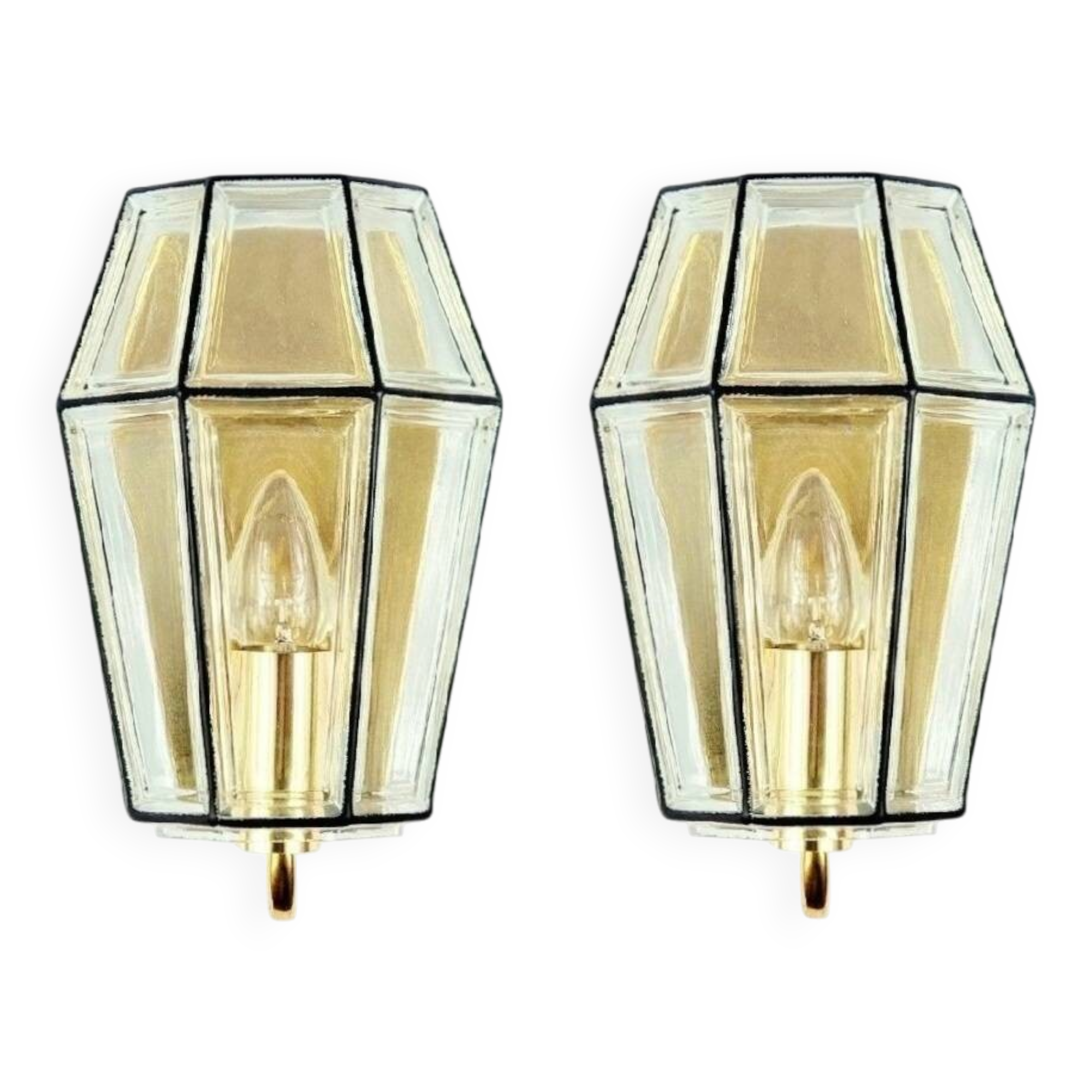 Pair of Mid-Century Glass & Brass Wall Lamps from Limburg, Germany, 1960s