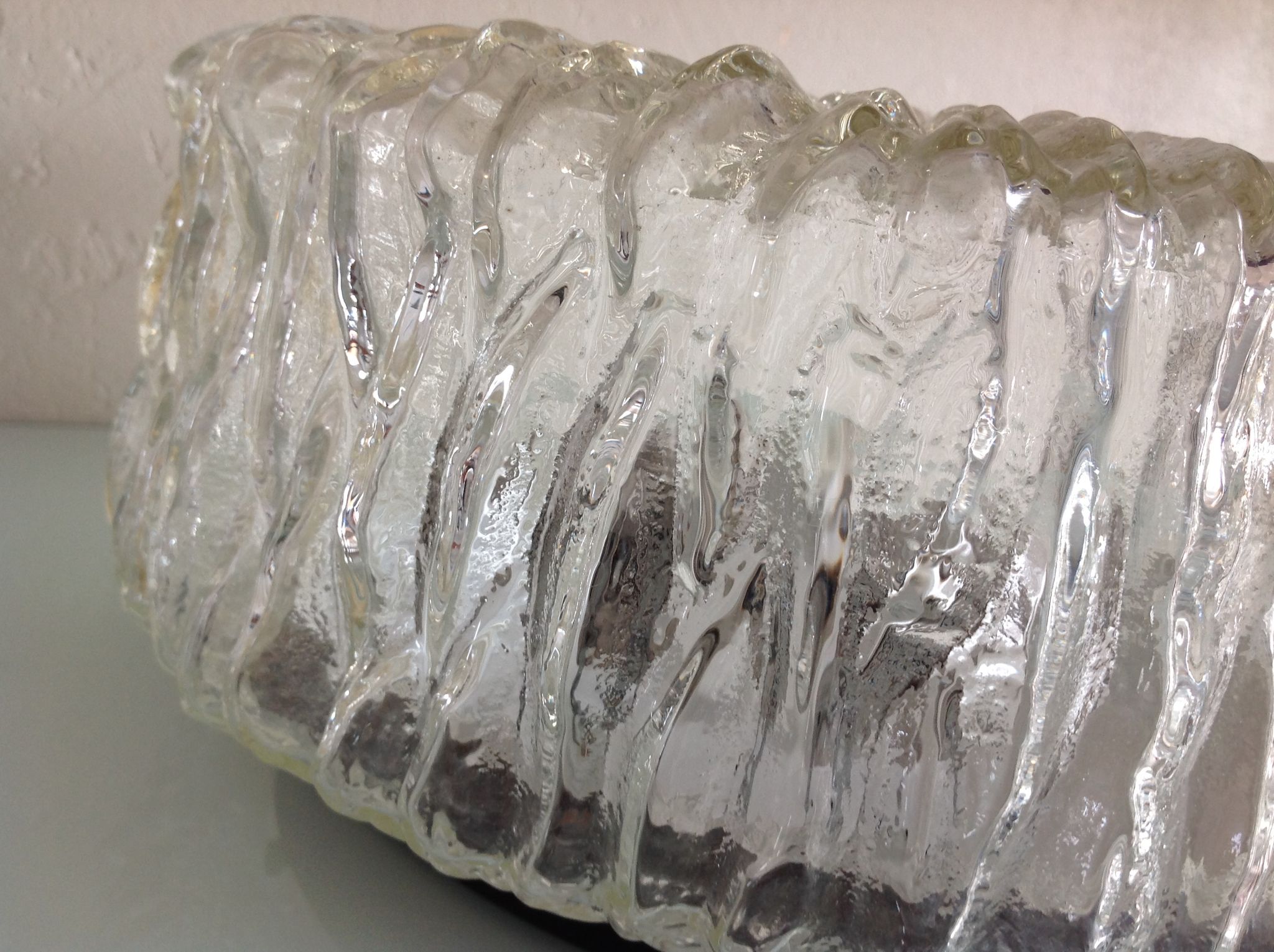 Round ice glass ceiling lamp, vintage 60s-70s