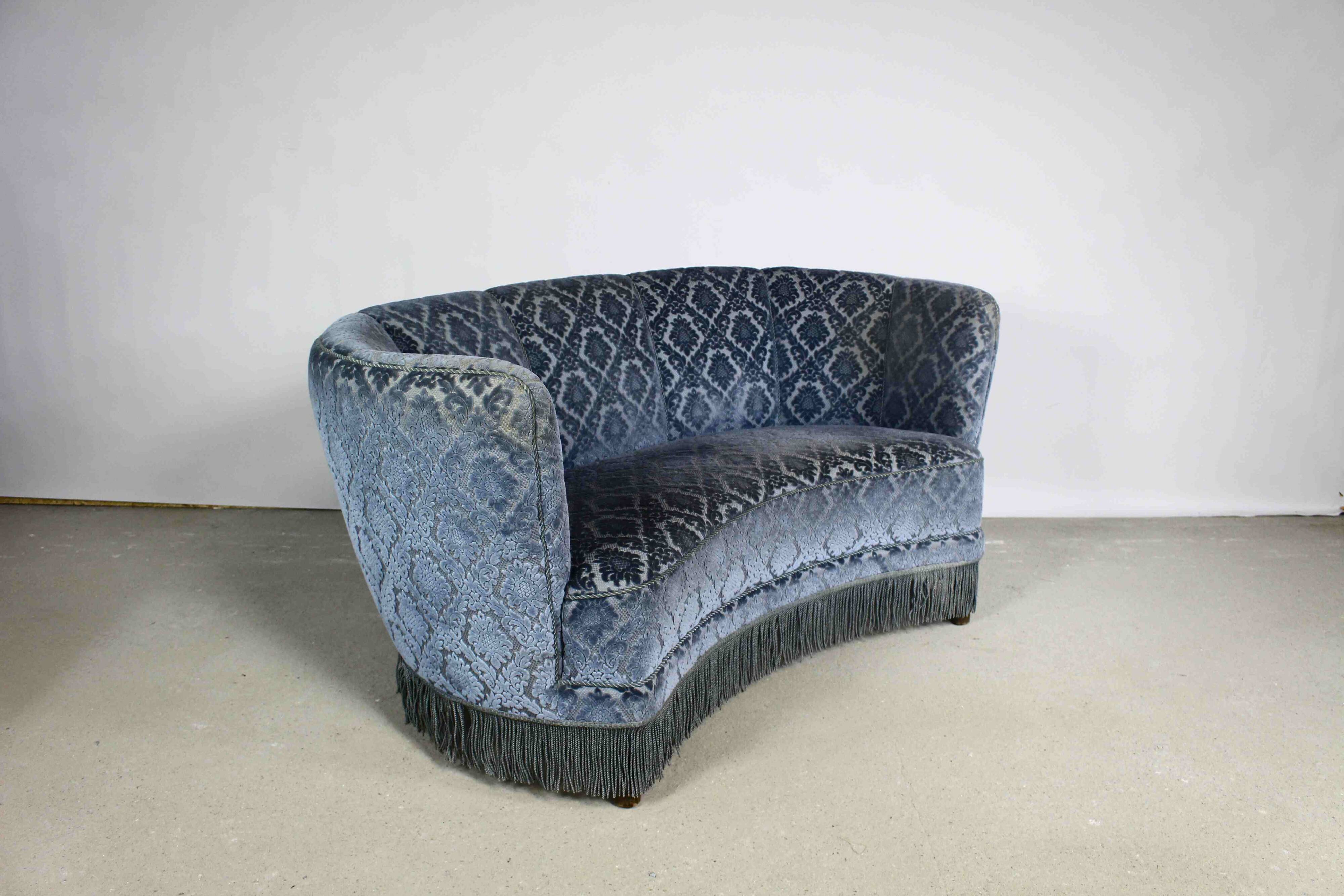 Art deco blue velvet banana sofa, denmark 1950s