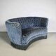 Art deco blue velvet banana sofa, denmark 1950s