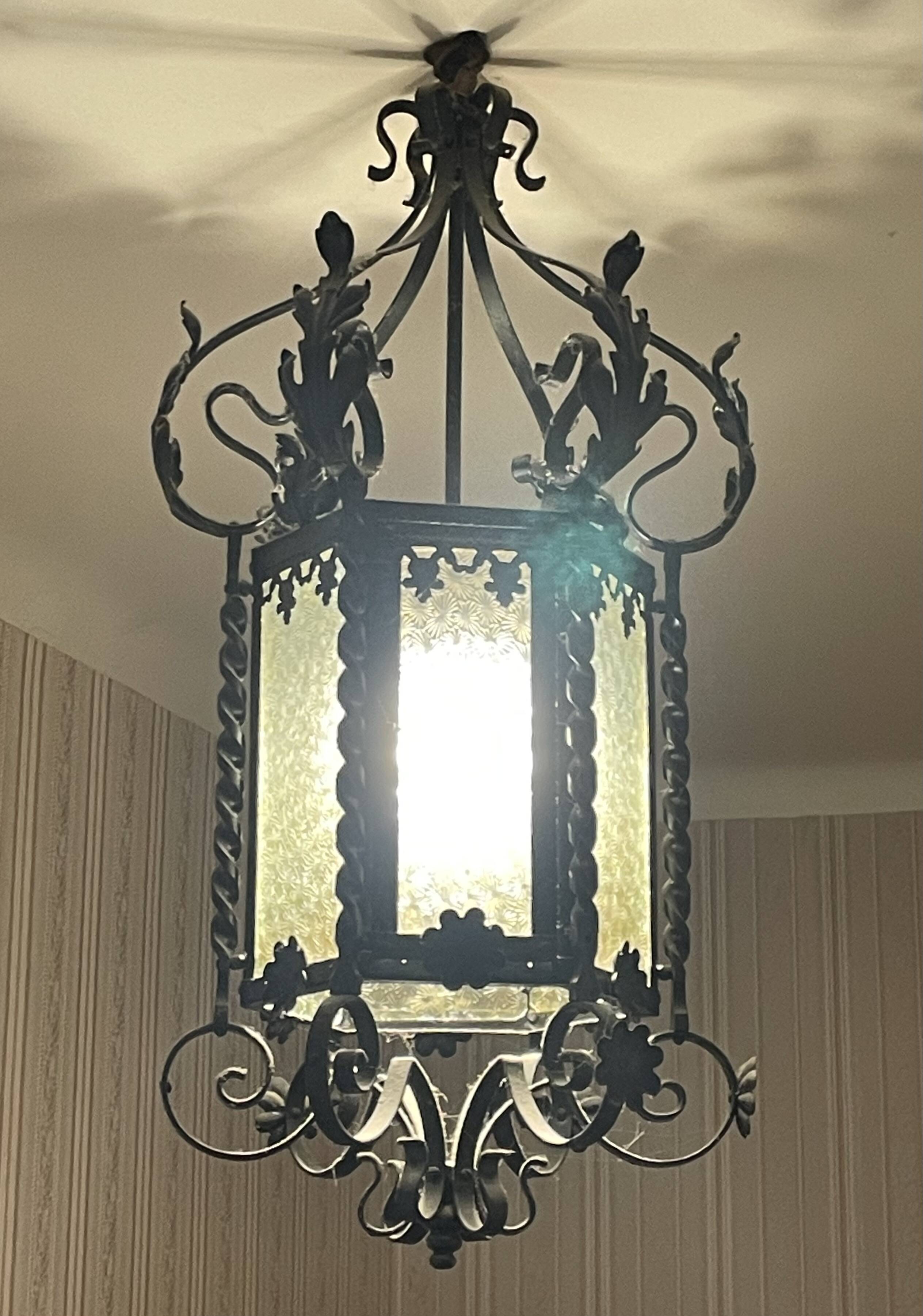 Vestibule lantern, hall, wrought iron entrance & cathedral glass, 80 cm pendant light