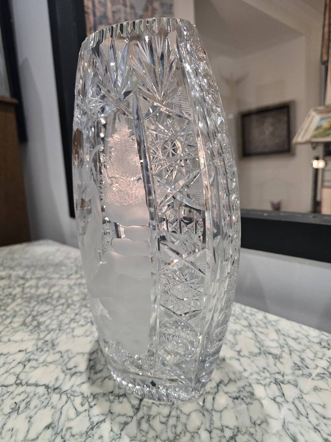 Cut crystal vase - ibex decoration, 20th century