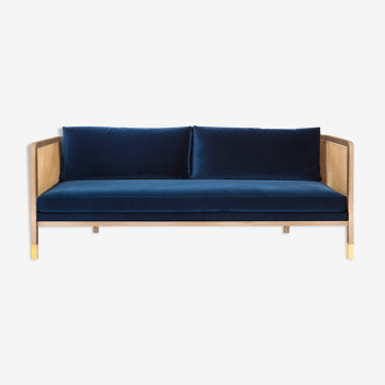 Sofa canage 210 light wood, navy blue velvet