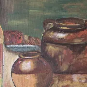 Peinture à l'huile de pot en cuivre de cuisine rustique - 1962