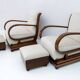 Pair of Art Dèco Italian Walnut and Velvet Armchairs and Two Ottomans, 1920