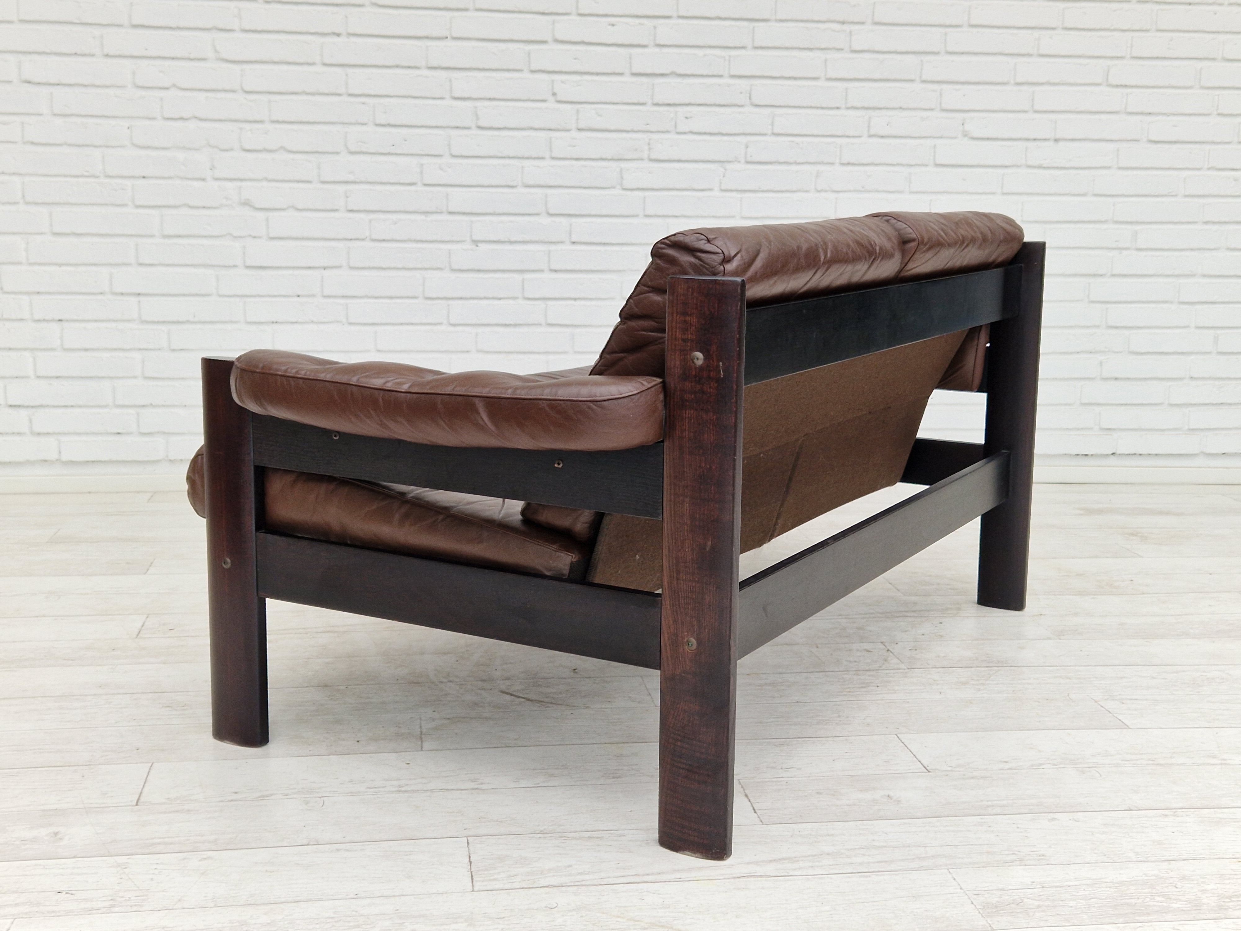 Scandinavian 2-seater sofa, original brown leather, 70s