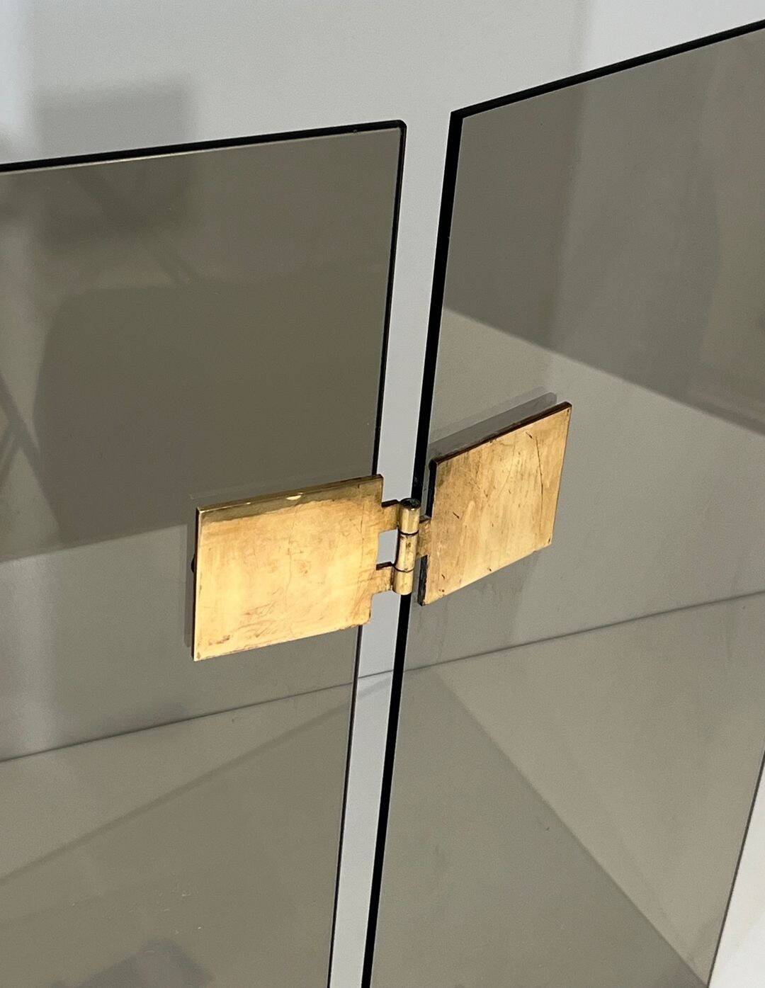Three-Panel Folding Fire Screen in Smoked Glass with Polished Brass Hinges,