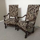 Pair of ceremonial armchairs in blackened oak, France late 18th century.