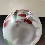 Chimney neck ball vase. Murano style. Flamed swirl design/Multicolored smoke scrolls. Dim 27 x 14 cm