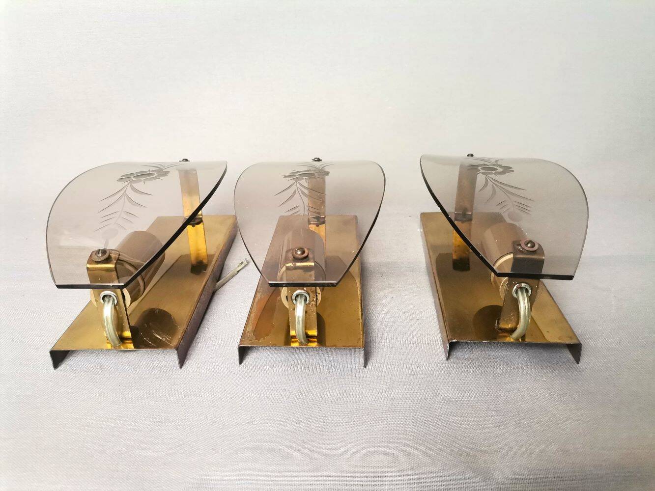 Set of 3 smoked glass and brass wall sconce lamps