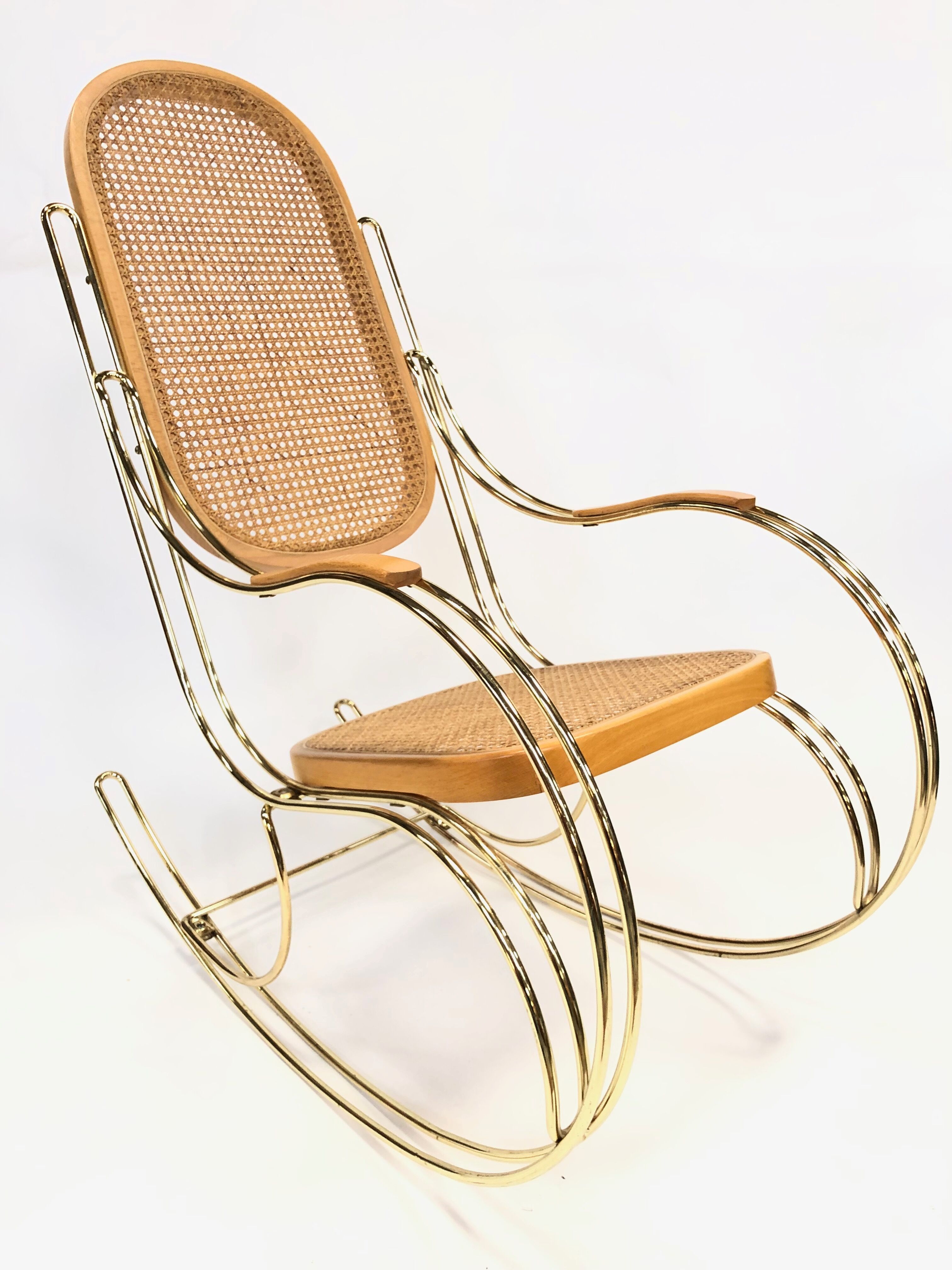 Vintage brass curved wooden rocking chair