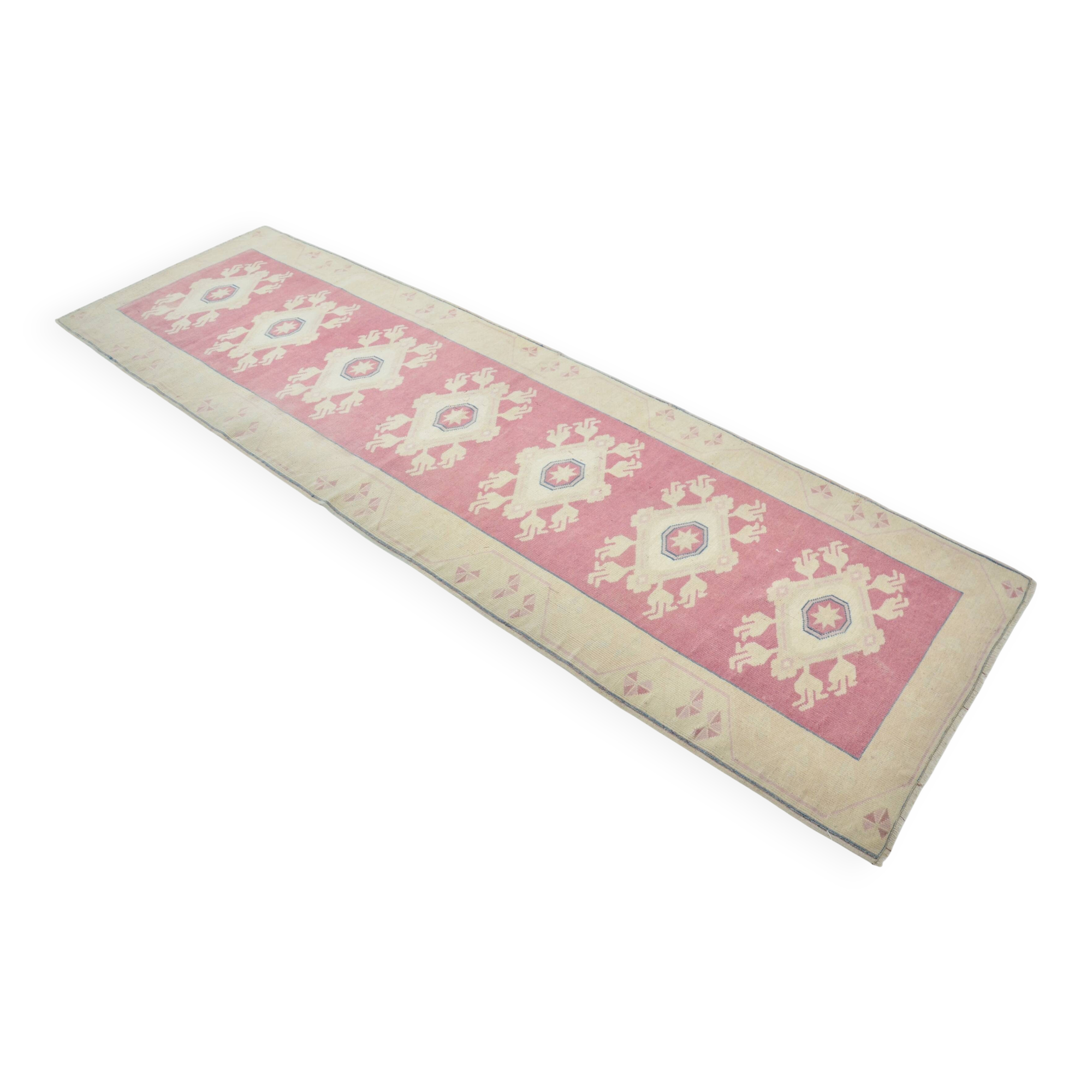 Tapis de couloir Oushak floral vintage noué à la main sku 3349