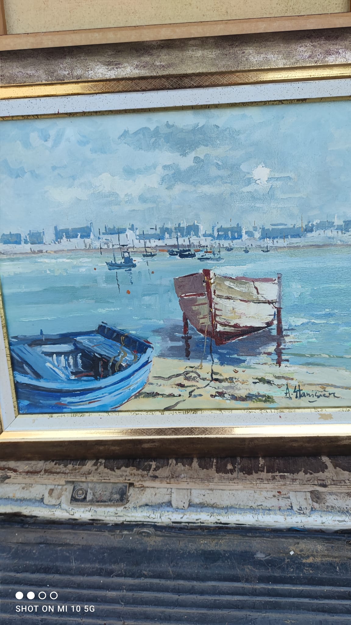 Breton seascape painting in the port of Guilvinec in 2002 by Antoine Stanisiere