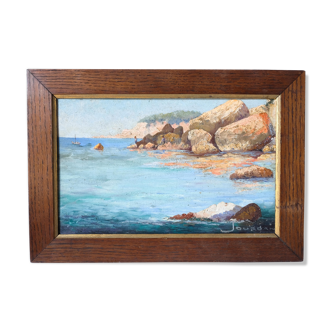 Peinture de paysage en bord de mer avec des rochers huile sur panneau