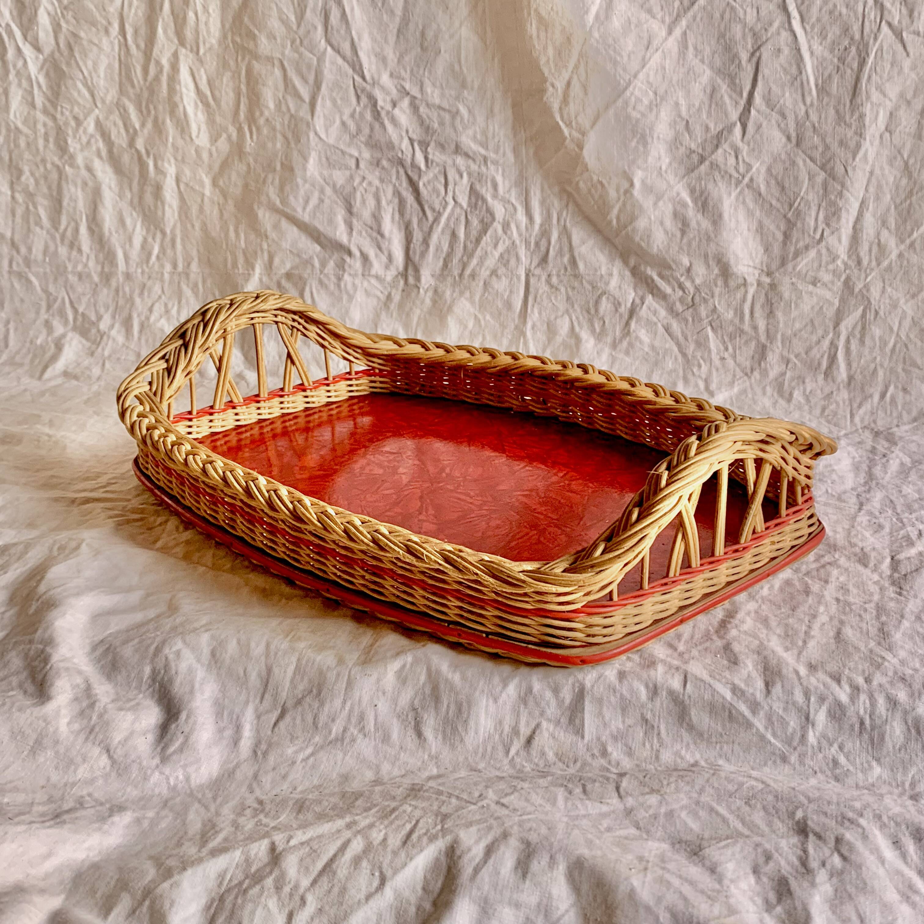 Vintage rattan tray, red Formica and scoubidou