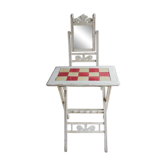 Petite coiffeuse pliante ancienne en bois, carreaux et miroir au mercu