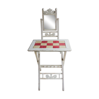 Small antique folding wooden dressing table with tiles and a mercury mirror.