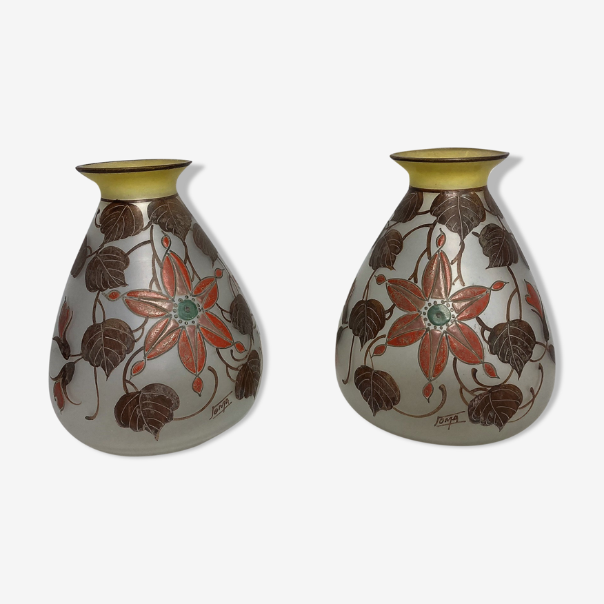Art Deco, pair of enamelled glass vases signed Joma around 1930 | Selency