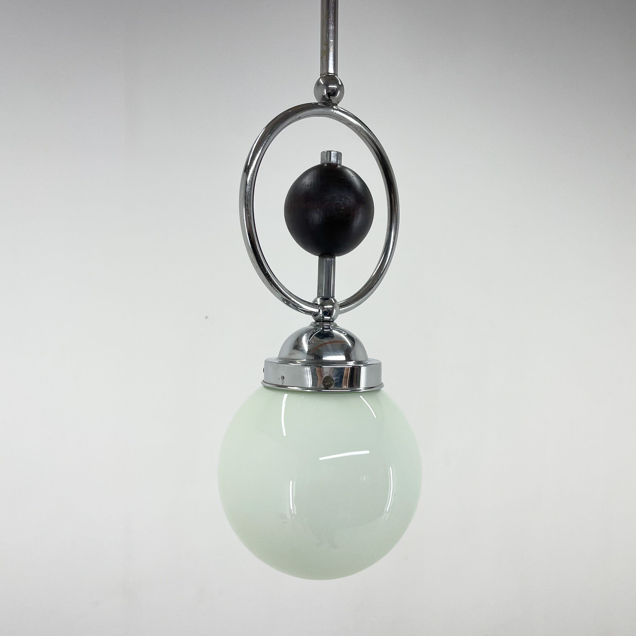 Art Deco Chrome Pendant Light with Wooden Decor
