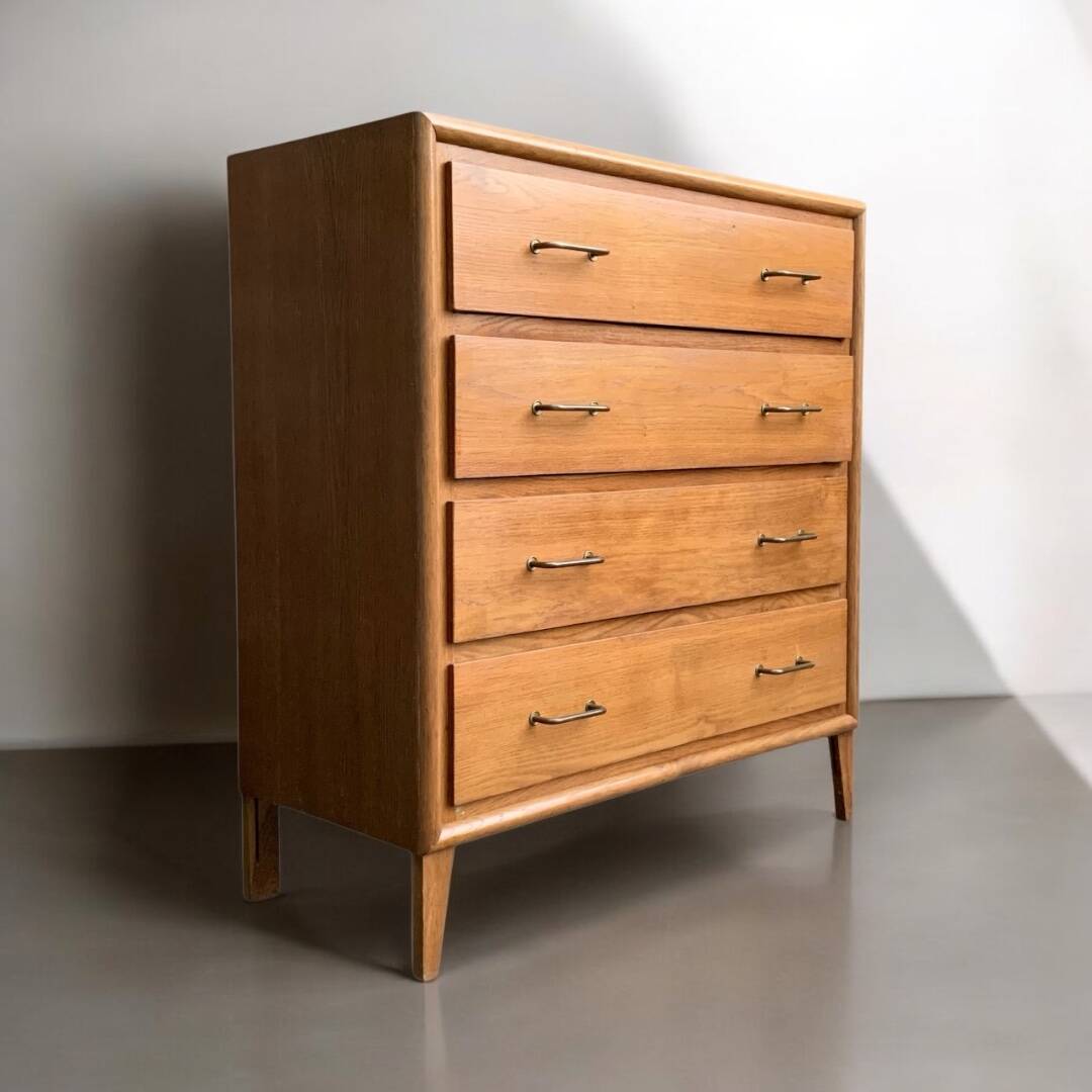 Vintage chest of drawers with compass feet, oak, original patina, 1950s