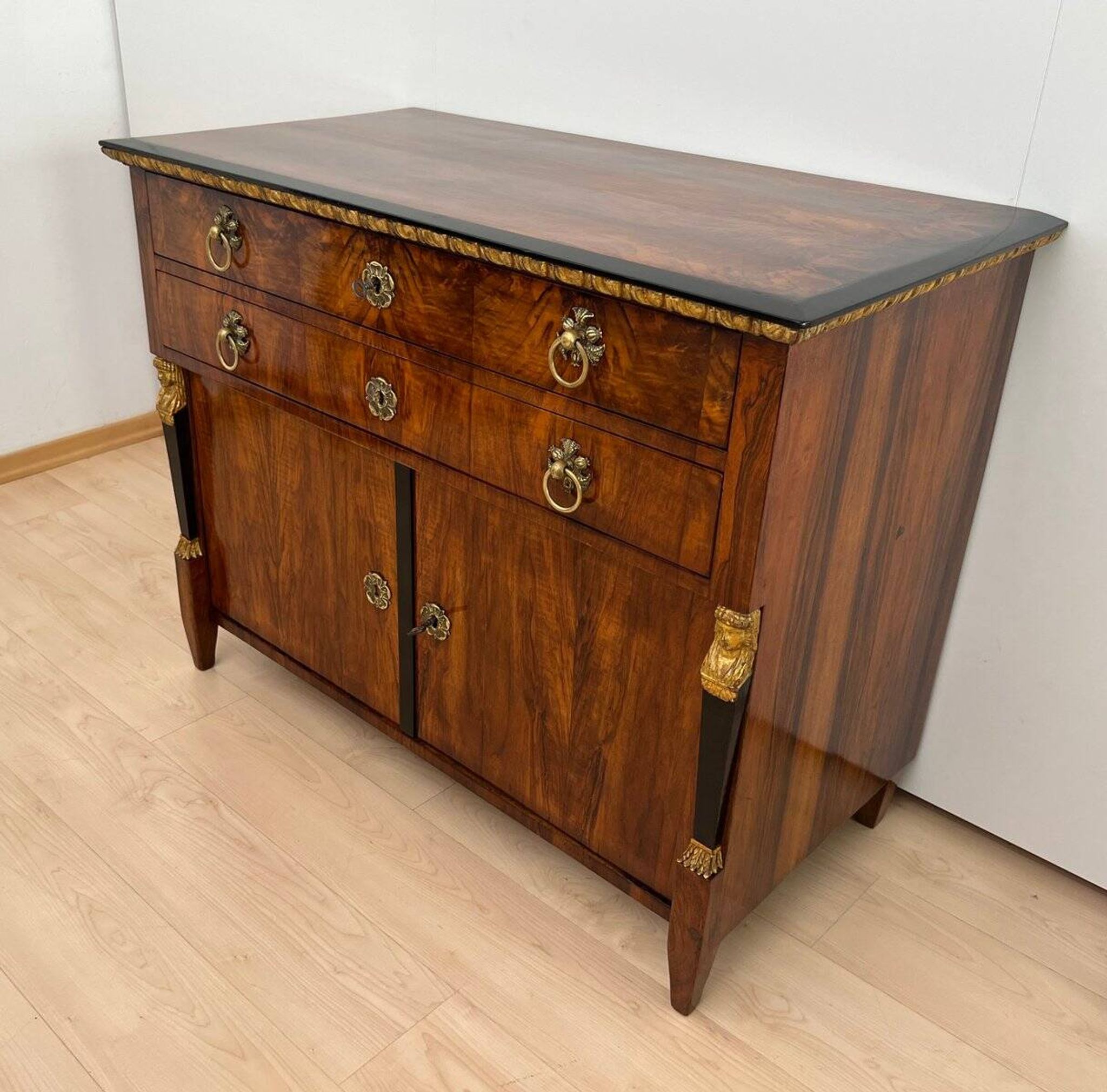 Biedermeier Chest in Walnut Veneer, Cherry, Gold Leaf & Brass, Austria, 1815