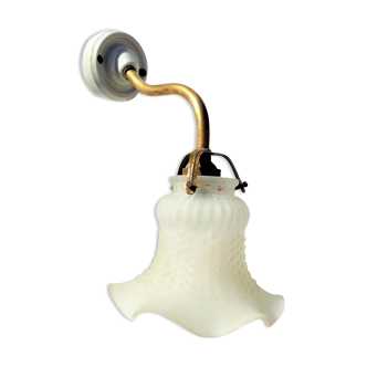 Brass gooseneck wall lamp, with brass socket and porcelain base.