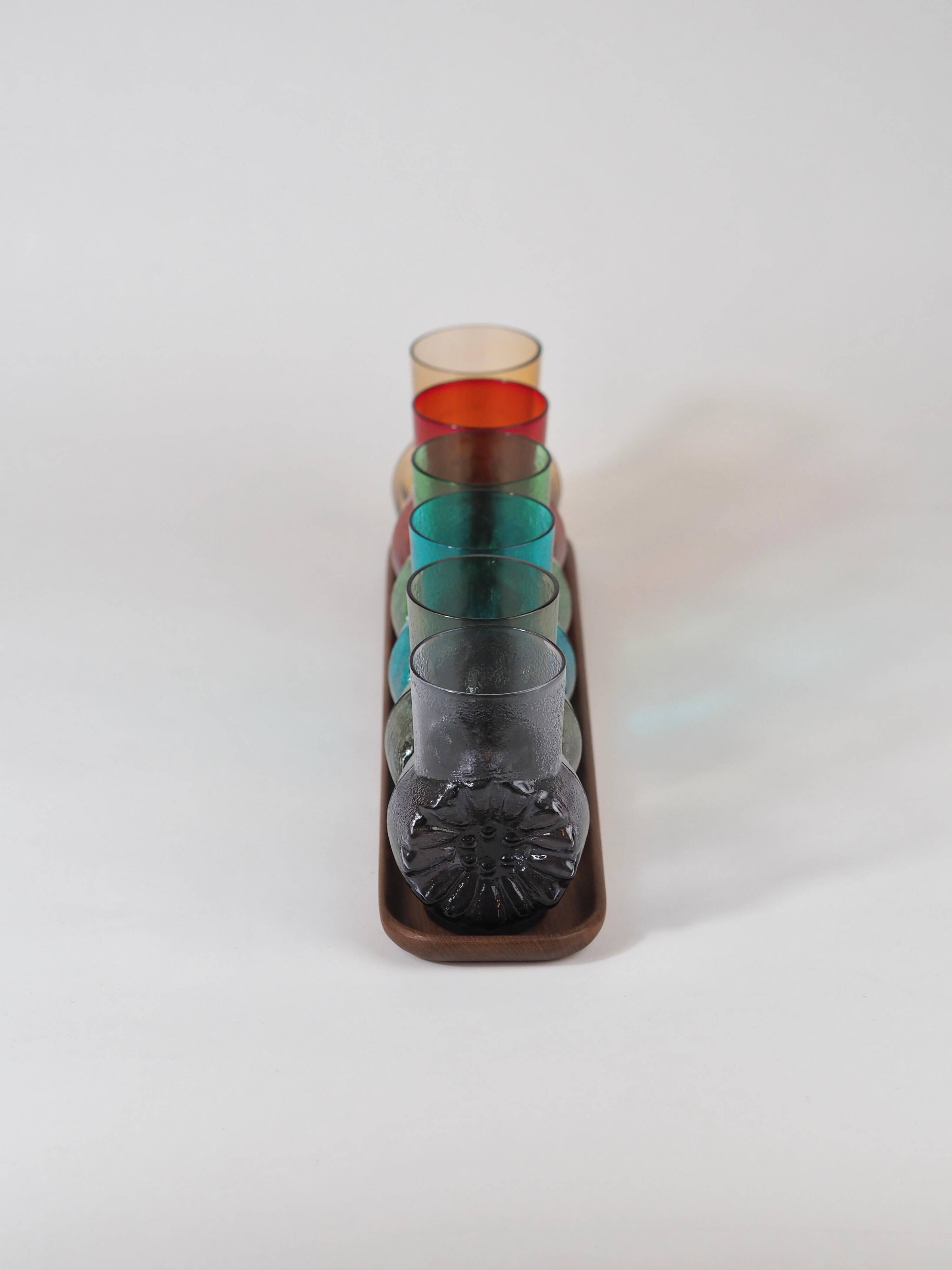 Mid-century rainbow glass set: 6 Finnish style glasses, by Kaj Franck & Lasi.