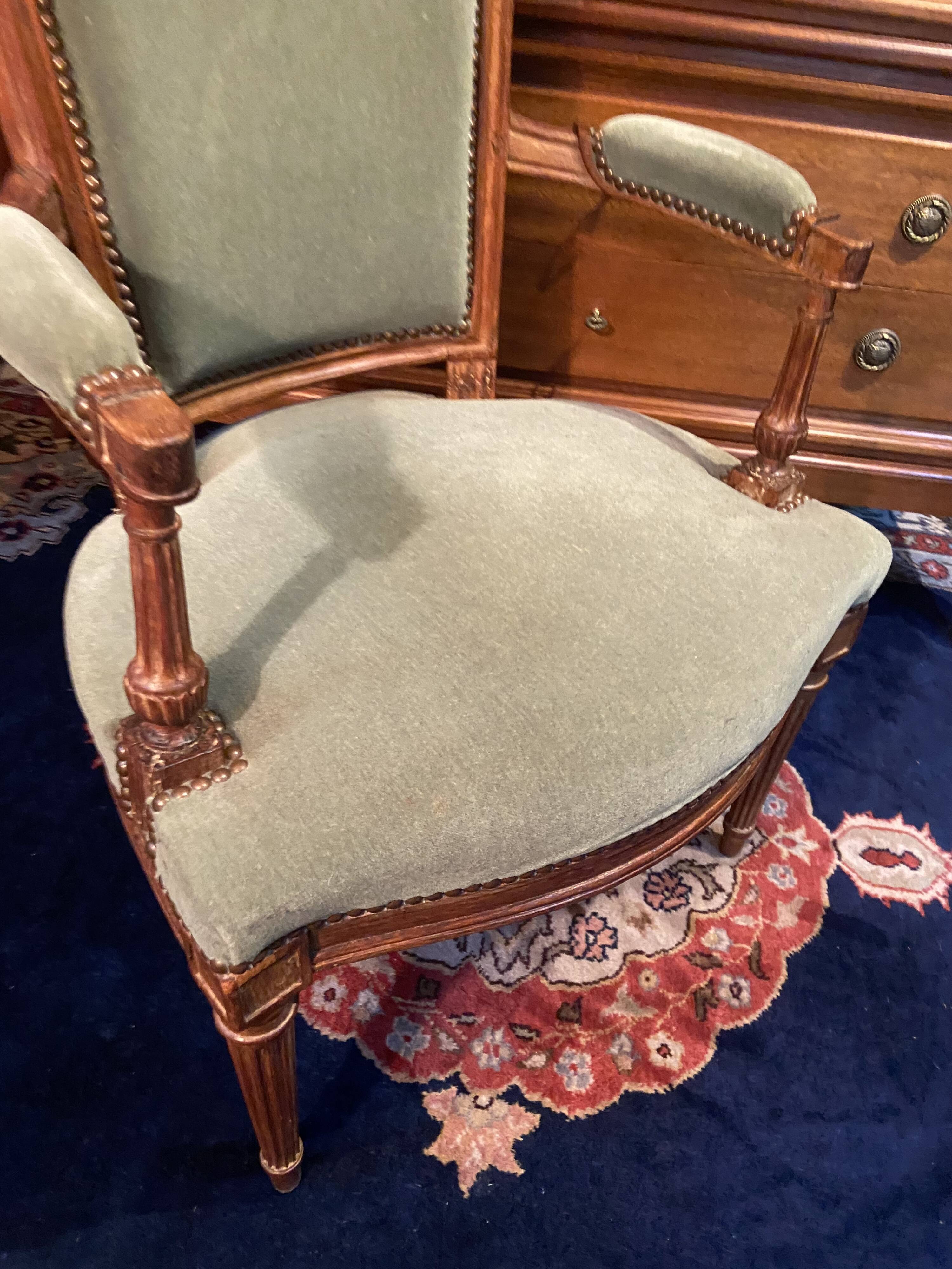 18th century Louis XVI green velvet cabriolet armchair