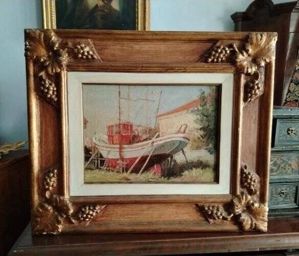 Marine Painting in Oil on Masonite, First Half of the 20th Century, Signed, Gilded Wooden Frame