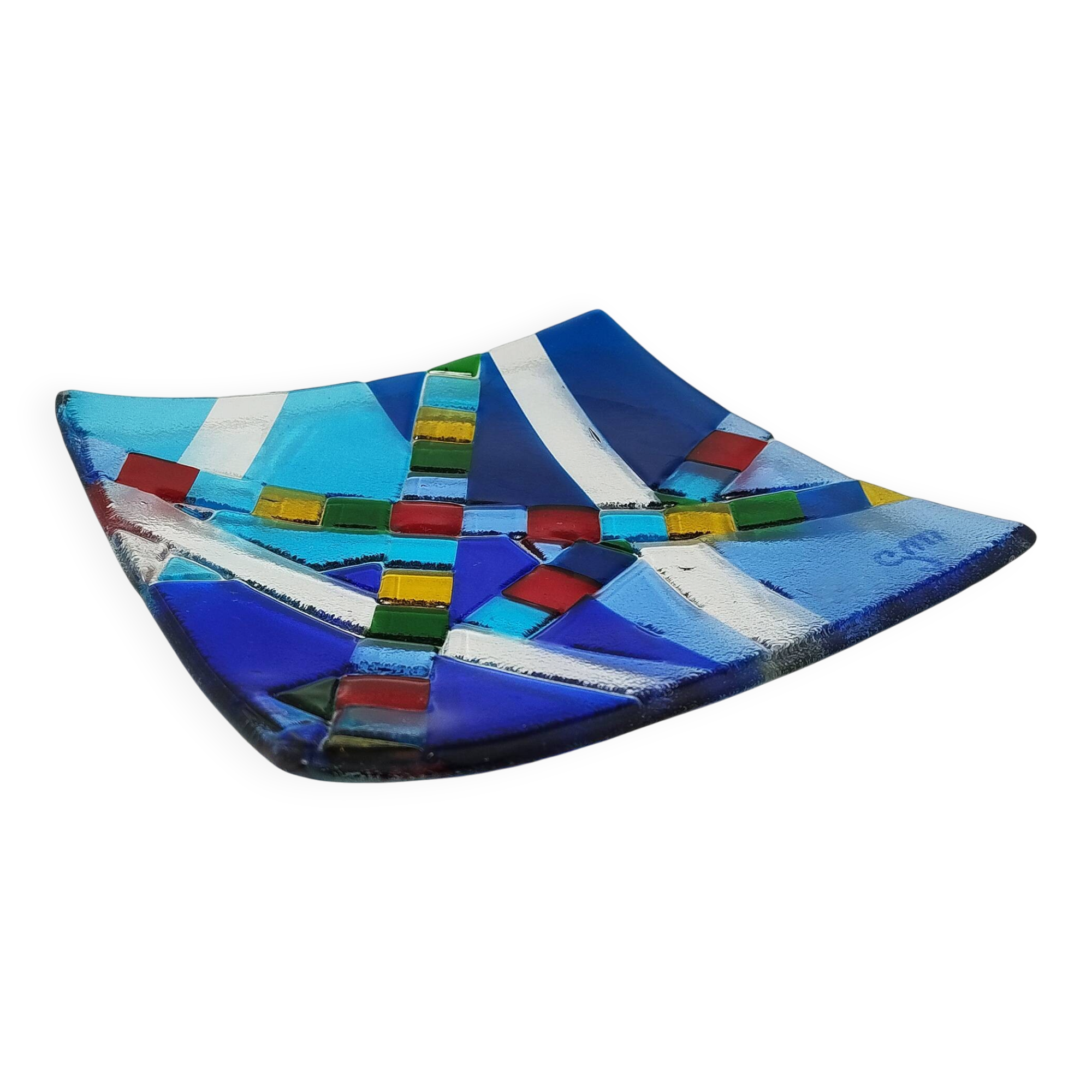 1970s id-century modern geometric Murano glass vide-poche by Albatros, signed GM