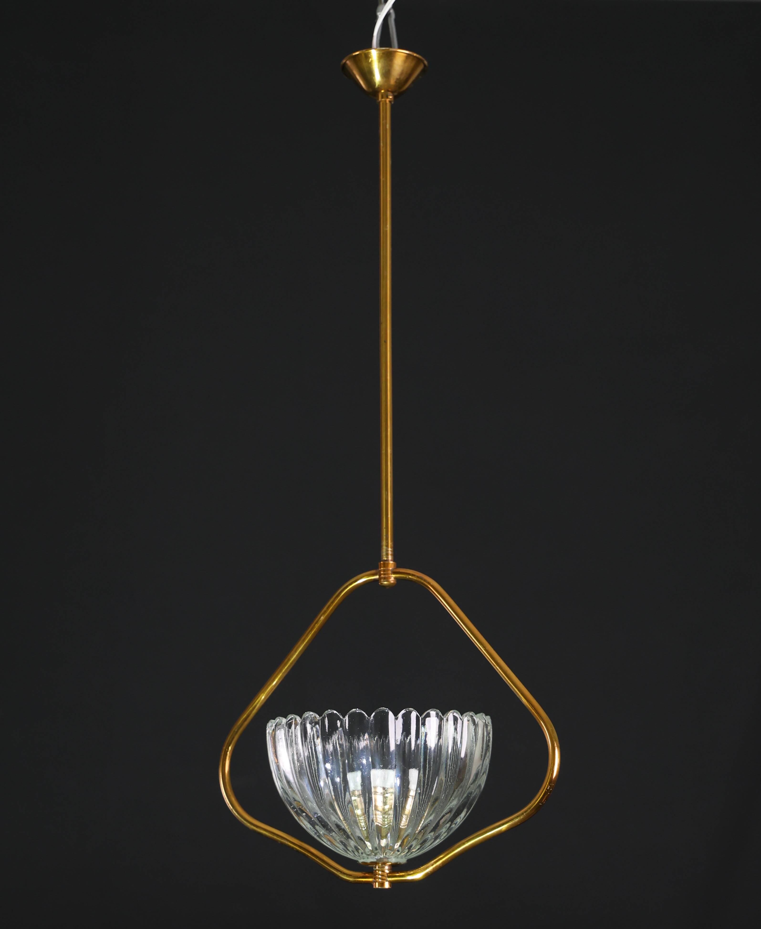 Art Decò Barovier e Toso Murano Glass and Brass Pendant Light, 1950