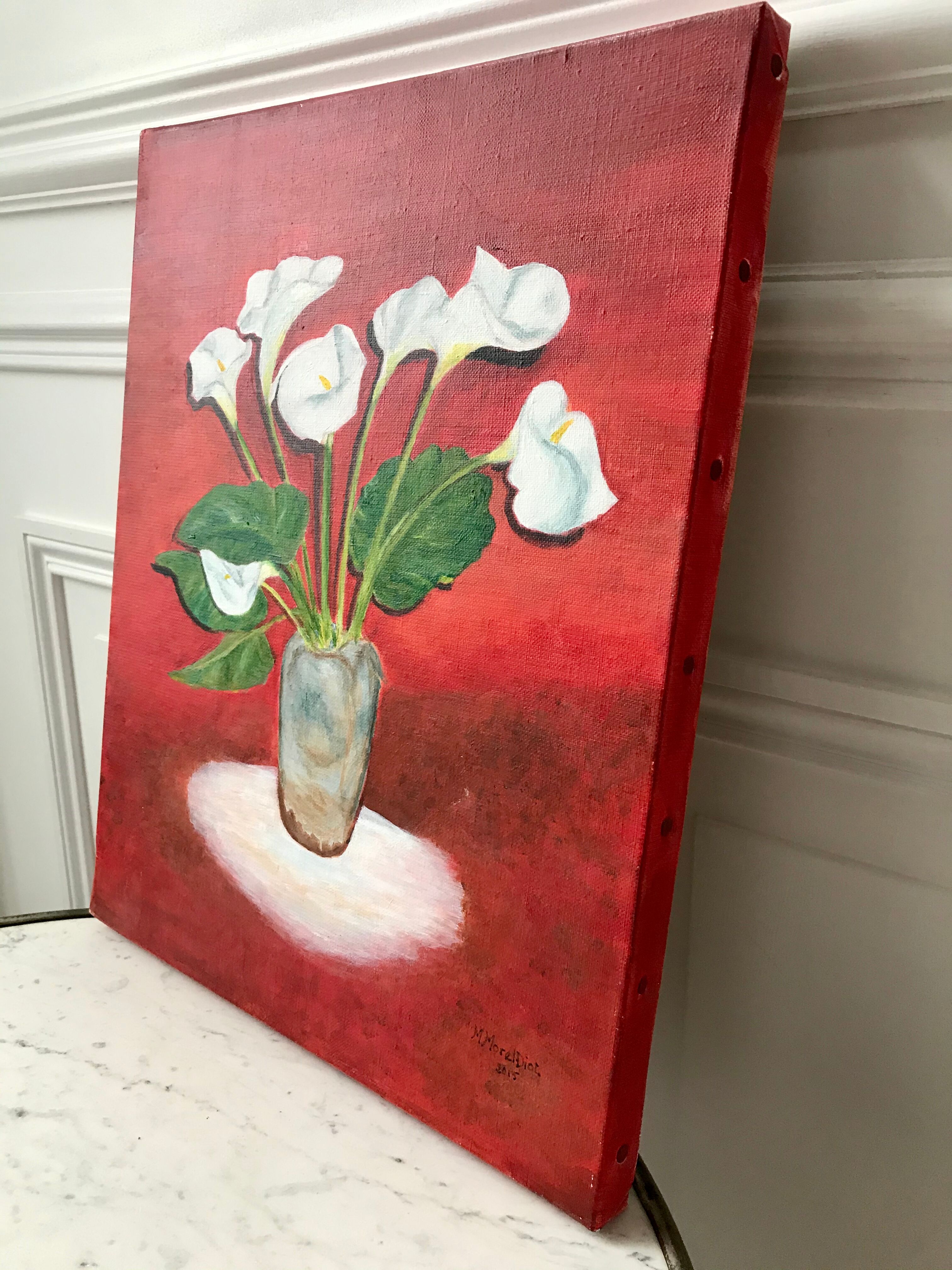 Oil on canvas bouquet of flowers on red background signed vintage